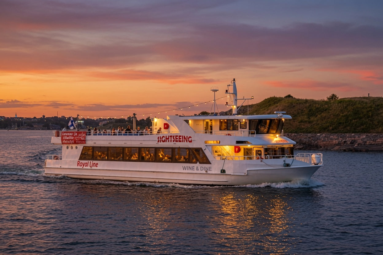 Evening sightseeing ship at sunset